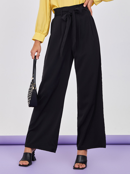 Black paperbag wide leg trousers sales
