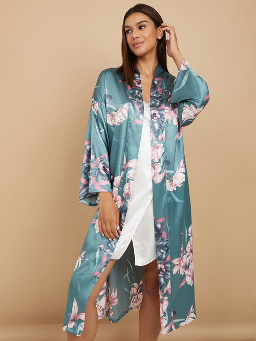 Buy Large Scale Floral Satin Robe Blue For Women Styli Saudi