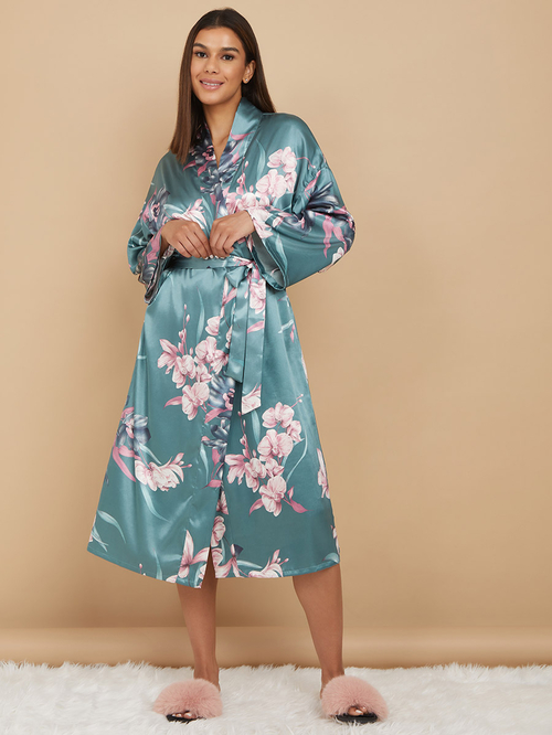 Buy Large Scale Floral Satin Robe Blue For Women Styli Saudi