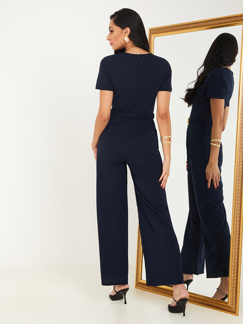 Buy Solid Wide Leg Jumpsuit with Chunky Chain Ruched Belt Navy 