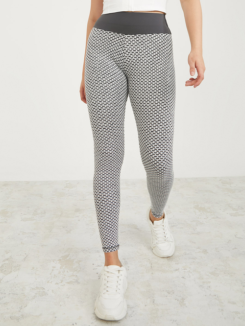 Buy Contrast Waistband Bubble Textured Leggings Grey For Women Styli UAE