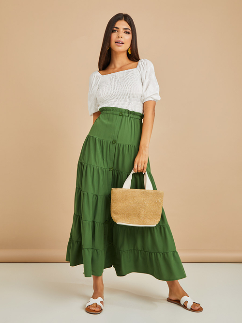 Buy Front Button Detail Tiered Maxi Skirt Green For Women Styli UAE