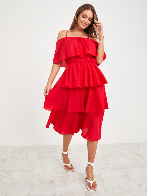 Buy Cold Shoulder Strappy Frill Layered Midi Dress Red For Women Styli UAE