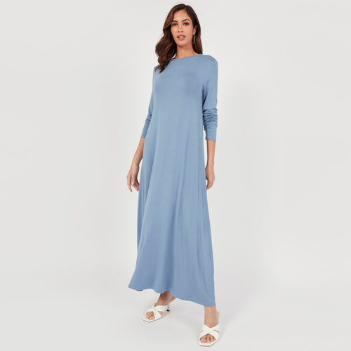 Buy Long Sleeves Solid A Line Maxi Dress Blue For Women Styli UAE