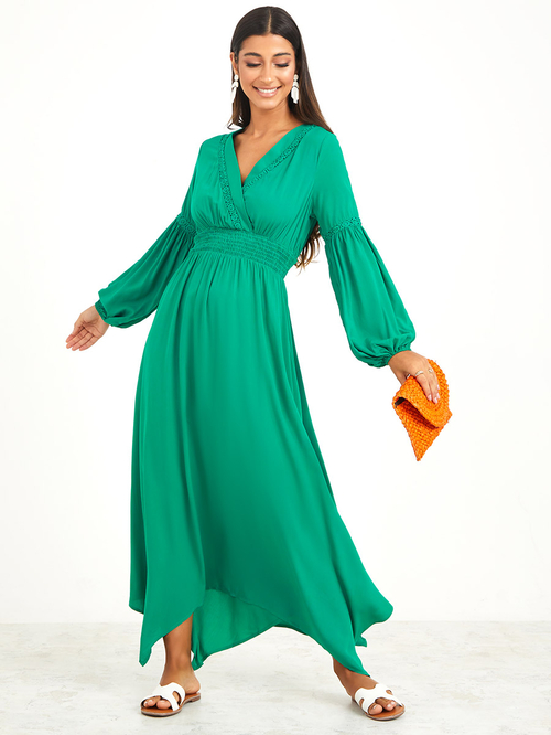 Buy Bishop Sleeves Embroidered Detail Empire Waist Maxi Dress Green For Women Styli UAE