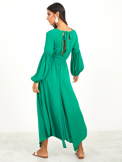 Buy Bishop Sleeves Embroidered Detail Empire Waist Maxi Dress Green For Women Styli UAE