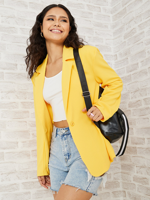 Buy Longline Single Button Textured Oversized Blazer Yellow For Women Styli Kuwait
