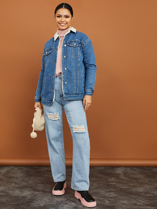 Longline denim jacket with fur outlet