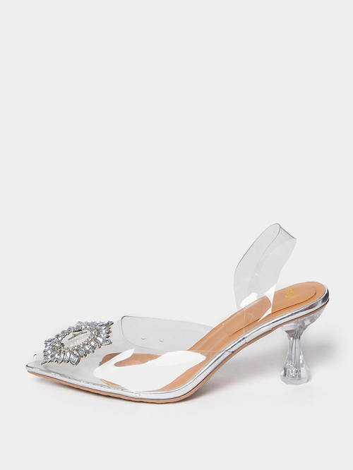 Buy Embellished Slingback Pointed Toe Mules Transparent For Women Styli Saudi