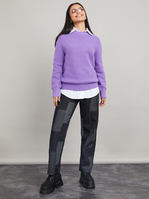 Buy Raglan Sleeves Regular Fit Chunky Knit Sweater Purple For Women Styli UAE