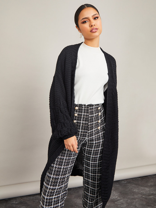Buy Open Front Chunky Knit Longline Cardigan Black For Women Styli Kuwait
