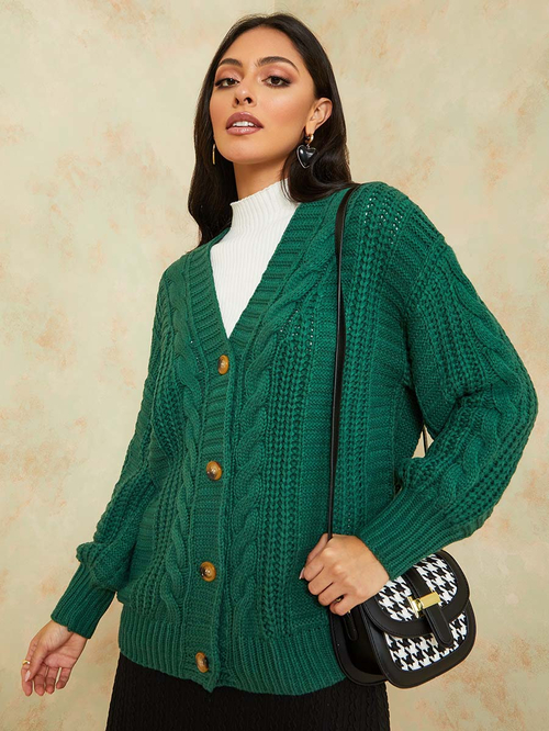 Buy Cable Knit Button Down Oversized Longline Cardigan Green For Women Styli UAE