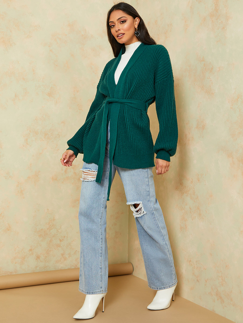 Buy Regular Fit Longline Chunky Knit Belted Cardigan Green For Women Styli UAE