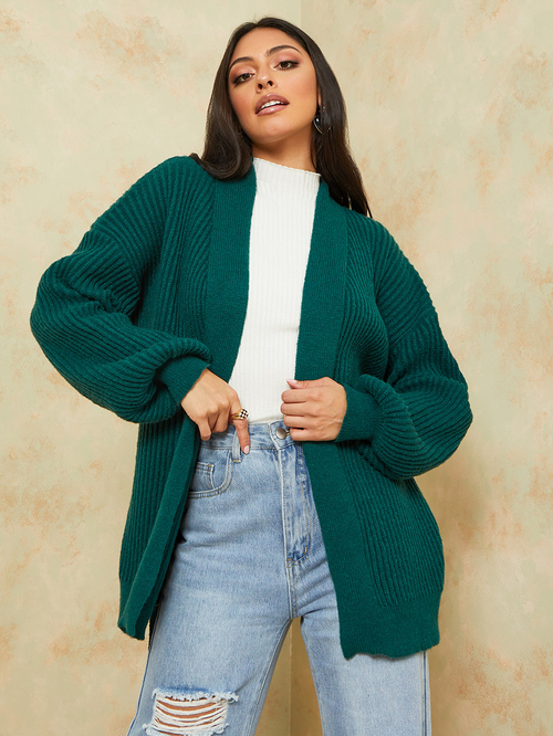 Buy Regular Fit Longline Chunky Knit Belted Cardigan Green For Women Styli UAE