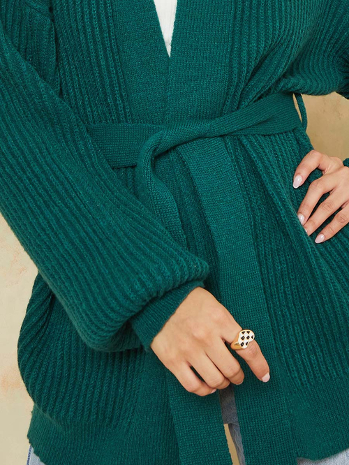 Buy Regular Fit Longline Chunky Knit Belted Cardigan Green For Women Styli UAE