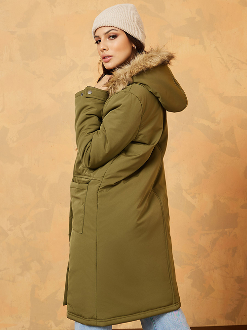 Buy Longline Faux Fur Trim Hooded Parka Utility Coat Khaki For Women Styli UAE