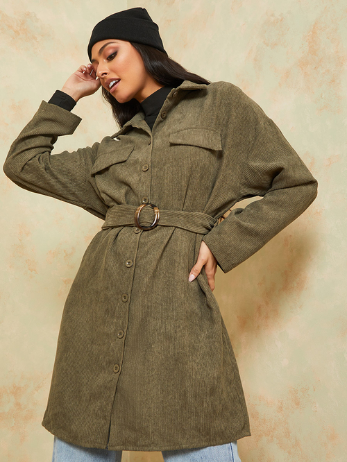 Buy Corduroy Longline Belted Jacket Khaki For Women Styli UAE