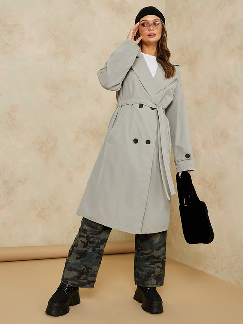Buy Belted Knee Length Trench Coat Khaki For Women Styli Saudi