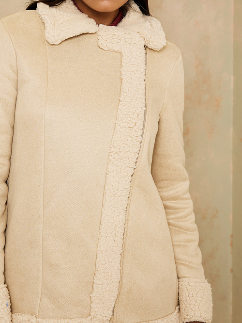 Buy Longline Faux Fur Lining Suede Biker Coat Beige For Women Styli UAE