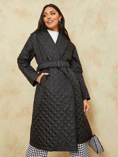Buy Quilted Knee Length Coat with Buckle Belt Black For Women Styli UAE