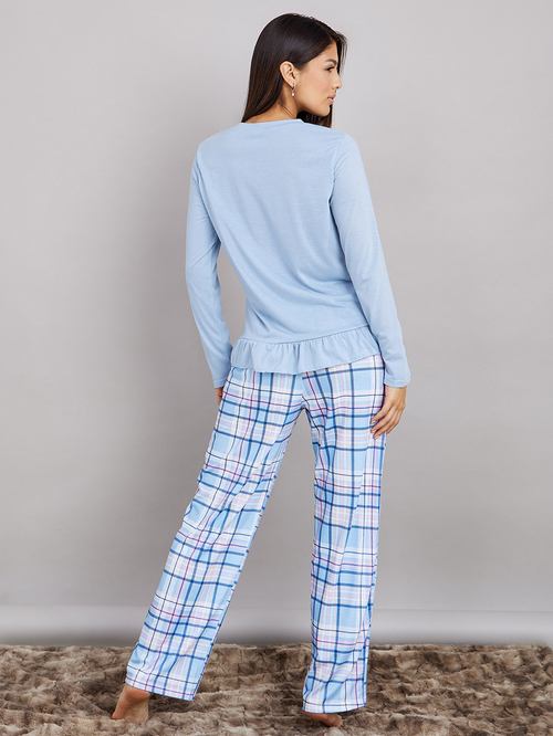 Buy Dress To Impress Slogan Ruffle Hem T shirt and Check Pyjama Set Multi For Women Styli Saudi