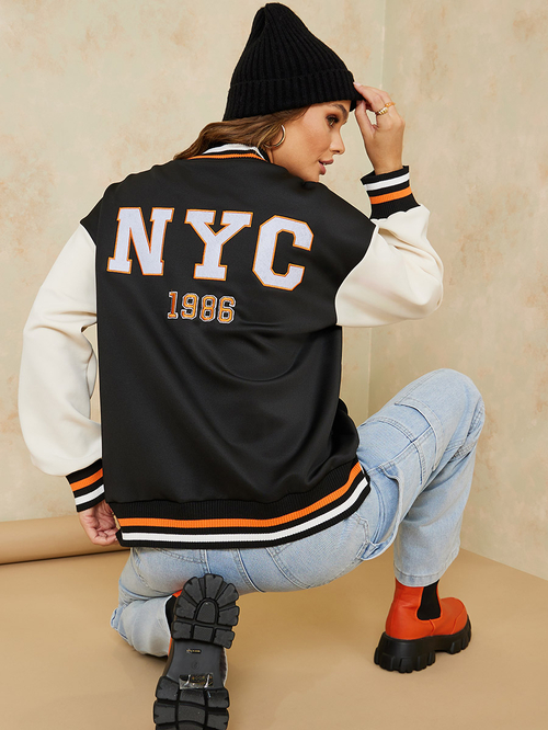 Buy NYC Back Embroidered Regular Fit Varsity Bomber Jacket Black For Women Styli Saudi