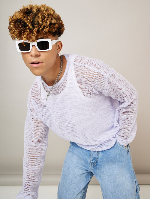 Buy Oversized Crochet Knit Jumper Lilac For Men Styli UAE