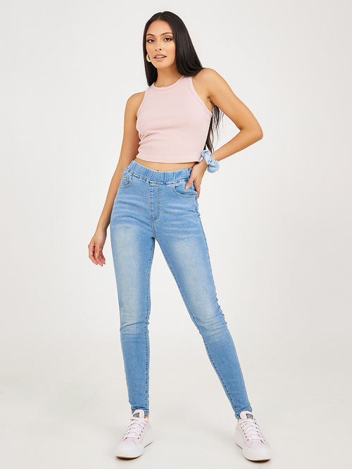 Buy High Waist Elastic Waistband Super Skinny Fit Jeggings Blue For Women Styli UAE