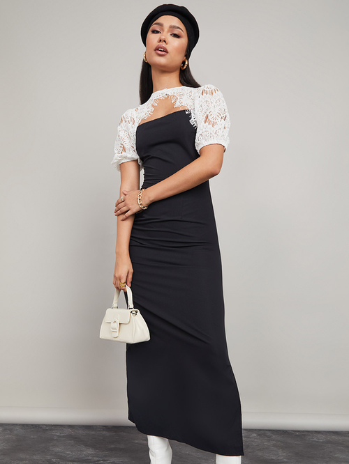 Buy Lace Yoke Insert Sheath Maxi Dress with Side Slit Black For Women Styli Bahrain