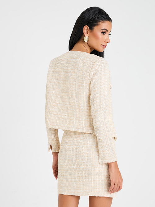 Buy Tweed Cropped Jacket Mini Skirt Co Ord Set Cream For Women Styli Saudi