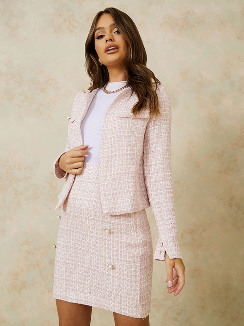 Buy Tweed Cropped Jacket Mini Skirt Co Ord Set Light Pink For Women Styli Kuwait
