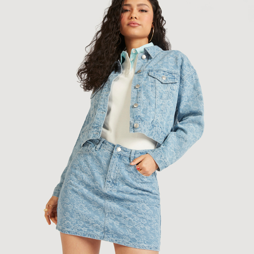 Floral print shop denim skirt