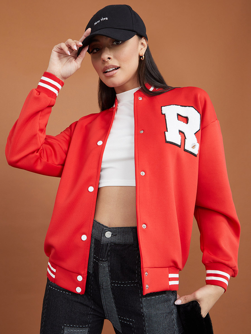 Buy Regular Length Varsity Bomber Jacket with Patch Detail Red For Women Styli Kuwait