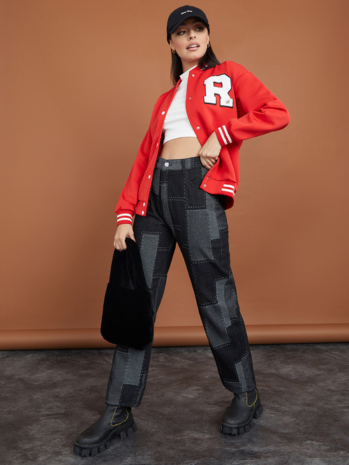 Buy Regular Length Varsity Bomber Jacket with Patch Detail Red For Women |  Styli UAE