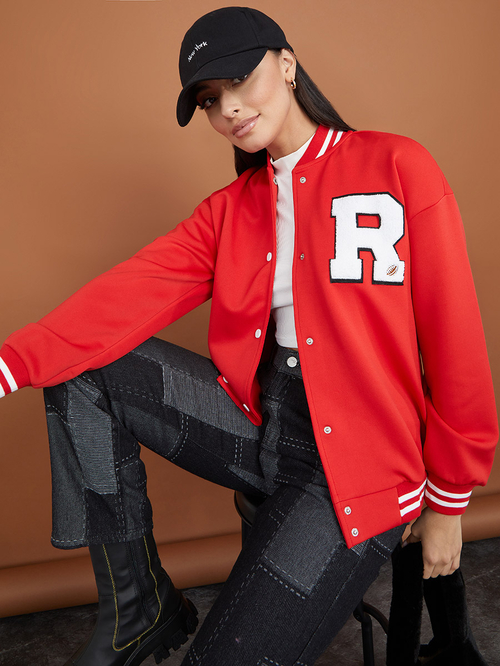 Buy Regular Length Varsity Bomber Jacket with Patch Detail Red For Women |  Styli UAE