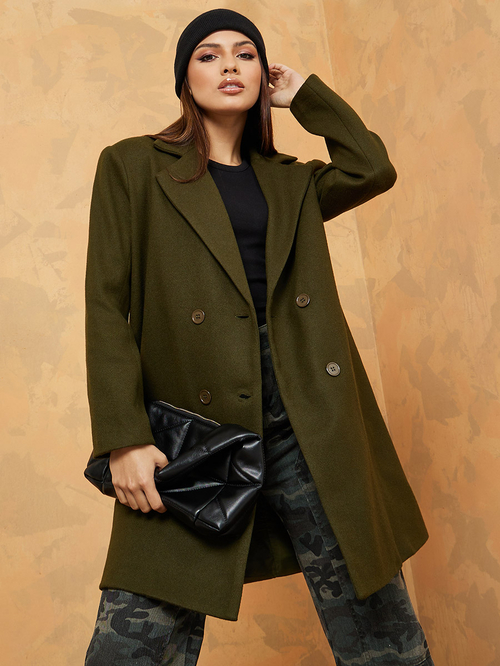 Buy Longline Double Breasted Wool Like Coat Green For Women Styli Saudi