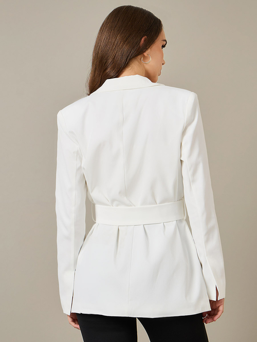 Buy Regular Fit Longline Belted Blazer Cream For Women Styli Saudi