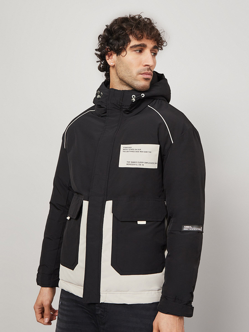 Buy Colorblock Parka Jacket with Hoodie and Back Text Print Detail Multi For Men Styli Saudi