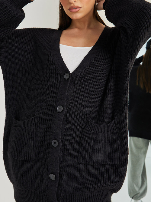 Buy Longline Chunky Knit Oversized Cardigan with Buttons Black For Women Styli UAE