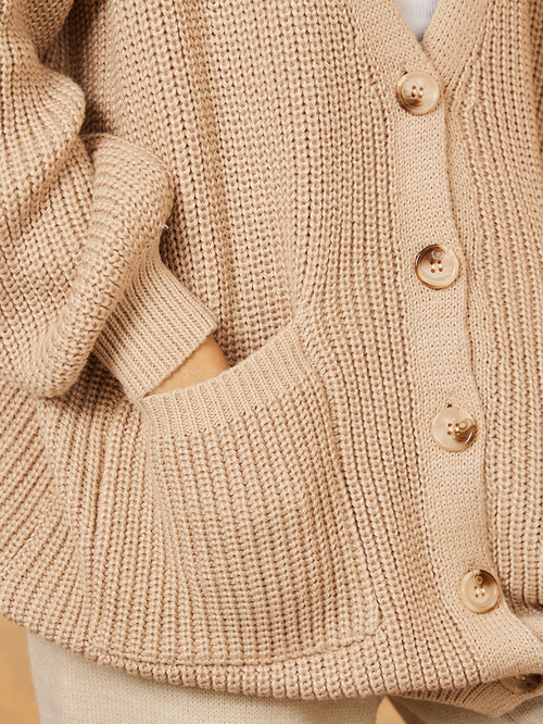 Buy Longline Chunky Knit Oversized Cardigan with Buttons Beige For Women Styli UAE
