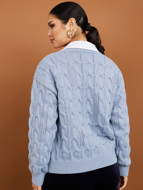 Buy Short Length Button Down Cable Knit Cardigan Blue For Women Styli UAE
