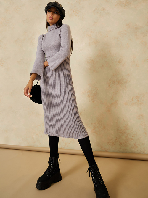 Buy Turtle Neck Knitted Sweater Midi Winter Dress Lilac For Women