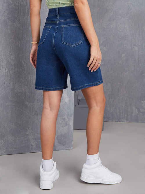 Buy High Rise Boyfriend Fit Denim Shorts Dark Blue For Women Styli Saudi