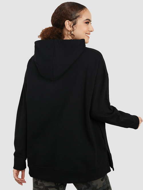 Buy Oversized Longline Hoodie with Dropped Shoulder Black For Women Styli UAE