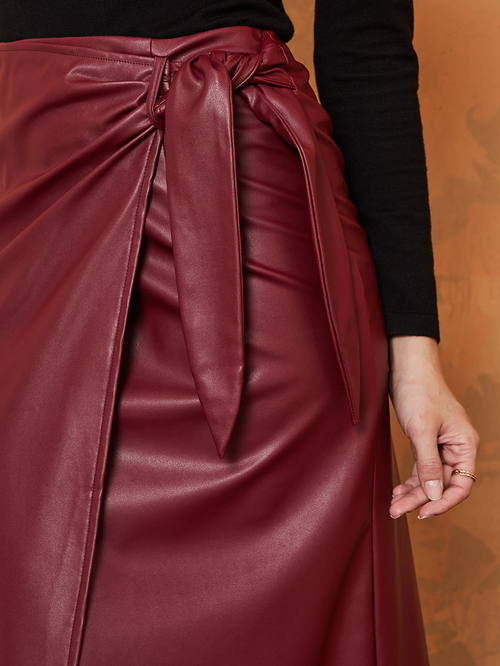 Buy High Waist Leather Look Wrap Front Midi Skirt Burgundy For Women Styli Saudi