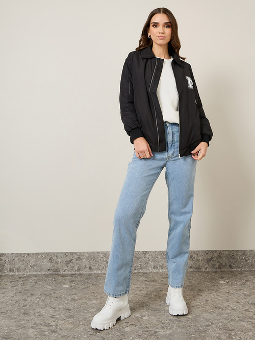 Buy Longline Padded Oversized Bomber Jacket with Quilted Sleeves Black For Women Styli UAE