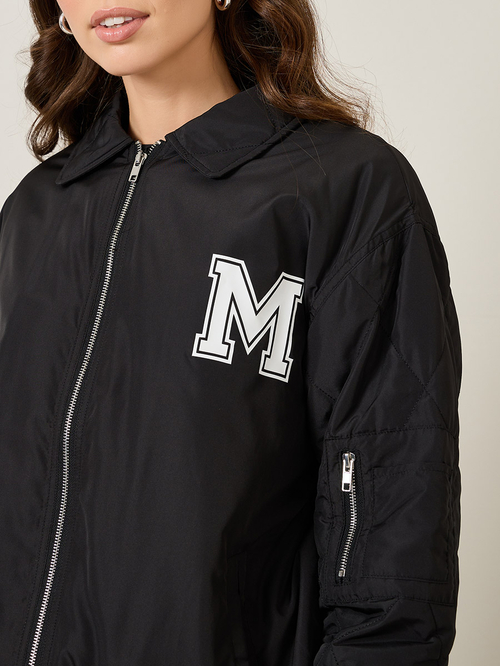 Buy Longline Padded Oversized Bomber Jacket with Quilted Sleeves Black For Women Styli UAE