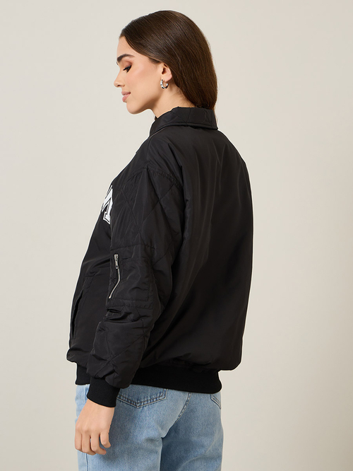 Buy Longline Padded Oversized Bomber Jacket with Quilted Sleeves Black For Women Styli UAE