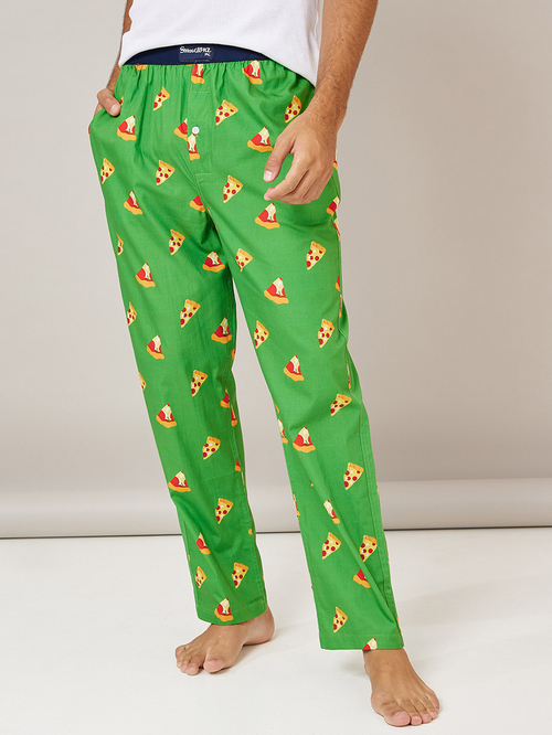 Buy Pizza Print Cotton Pyjama with Contrast Waistband Green For Men Styli UAE