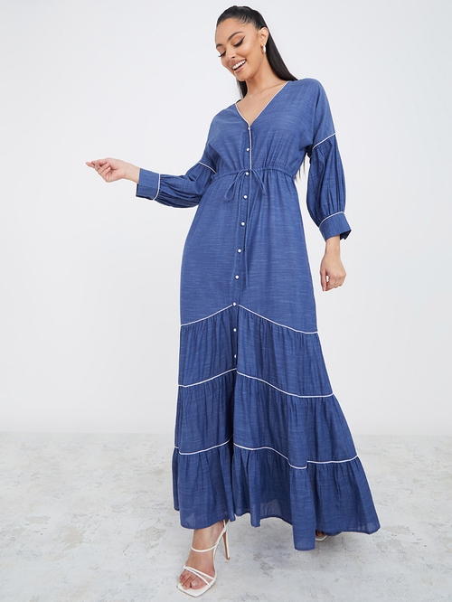 Buy Piping Detail Denim Tiered Maxi Dress Blue For Women Styli UAE